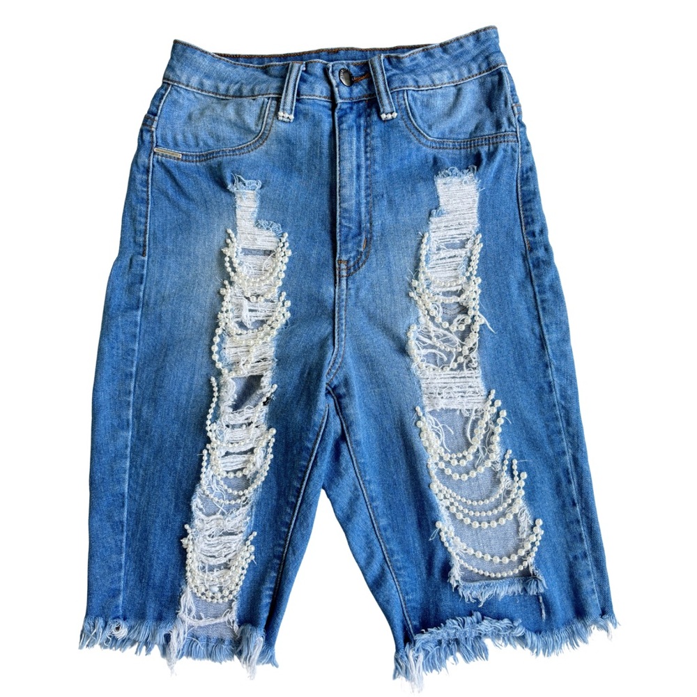 Upcycled by Me: Pearl Dazzled Blue Distressed Denim Stretch Shorts size 9 - Picture 3 of 10